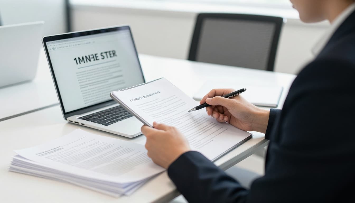 A business professional in a thoughtful pose reviews long documents on a tablet and laptop in a modern conference room, with a stack of papers nearby representing vast context. Soft daylight lighting highlights the scene with exactly one person, natural hand positions, and no readable text or logos.