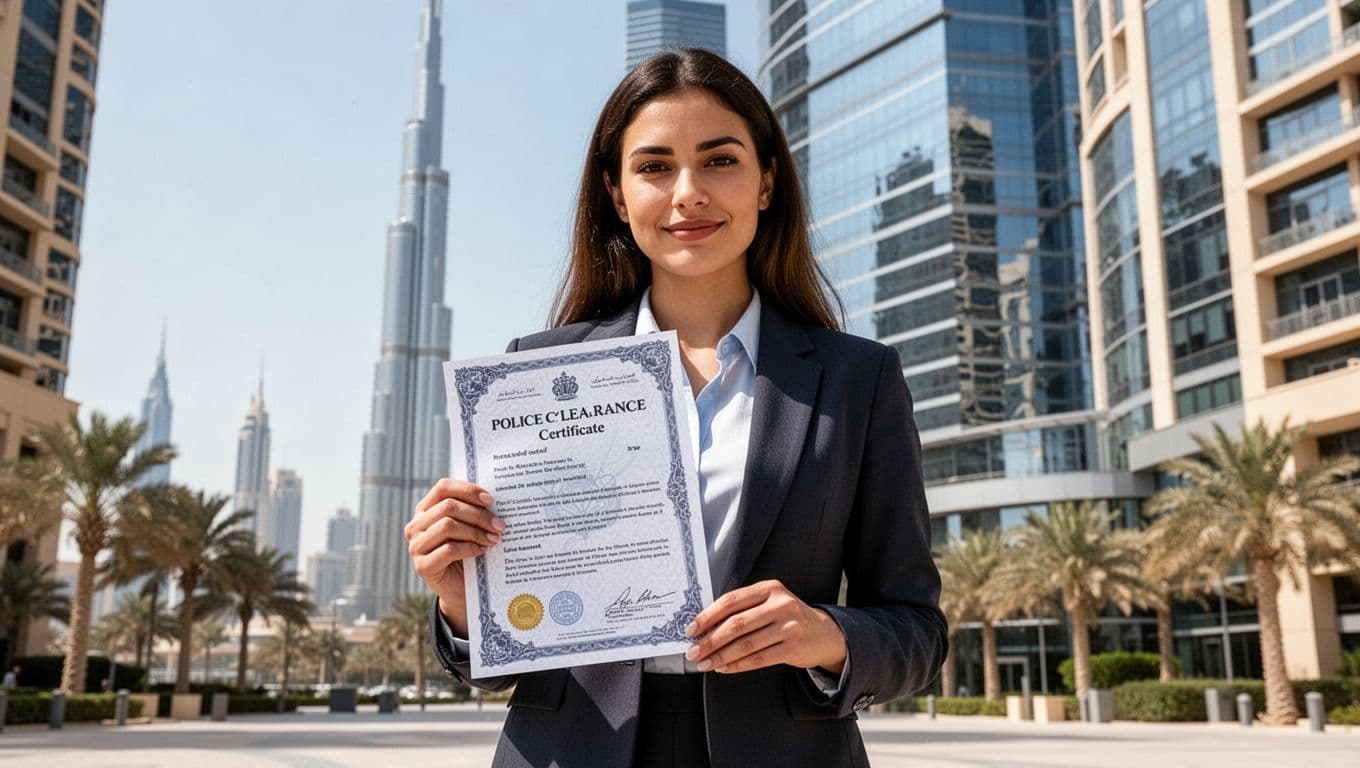 Landscape image of a confident professional woman in business attire holding a freshly issued Police Clearance Certificate in front of a modern Dubai office building with Burj Khalifa in the background on a bright sunny day.