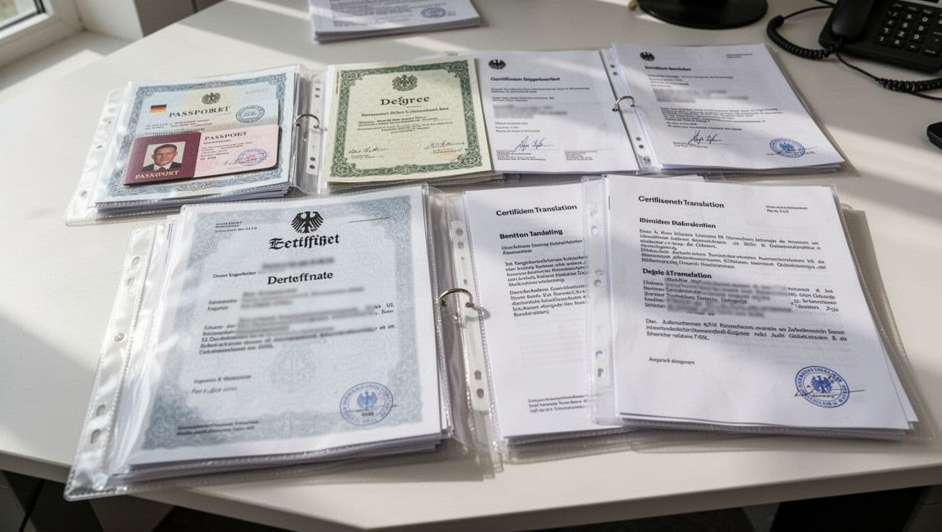 Original documents including passport page, degree certificate, and bank letter arranged next to matching certified German translations with official stamps, all blurred and organized in clear plastic folders on an office desk with bright natural light.