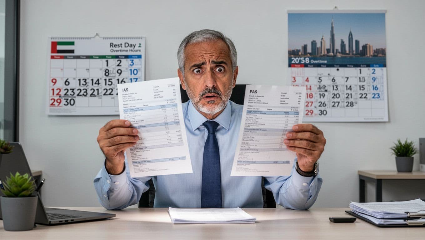 A middle-aged UAE office worker in business casual attire holds a payslip up to the light with a puzzled expression at a modern desk. Background includes a calendar marked for rest day and overtime, plus a UAE skyline poster.