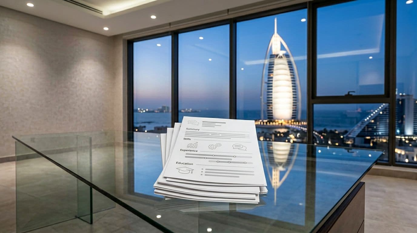 A photorealistic stack of clean white papers on a sleek glass desk represents ordered CV sections like summary, skills, experience, education, and certifications through subtle abstract shapes, set in a contemporary UAE office with a Burj Al Arab view through the window, under soft diffused lighting.