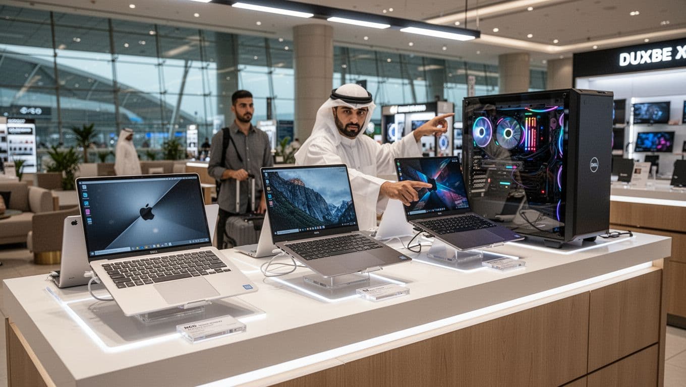 Airport duty-free shop counter in Dubai showcasing MacBook, Dell XPS, and gaming laptops under bright lights, with one relaxed traveler pointing at a laptop in a luxury lounge background, clean photorealistic composition.