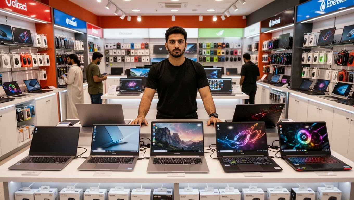 A bustling electronics market in Dubai features various laptops on foreground display tables, including budget slim laptops, mid-range models with open screens, premium ultrabooks, and gaming laptops with RGB lights. One salesperson stands behind the counter with two hands visible on the table, two shoppers browse in the background, under vibrant indoor lighting and modern shelves stocked with accessories.