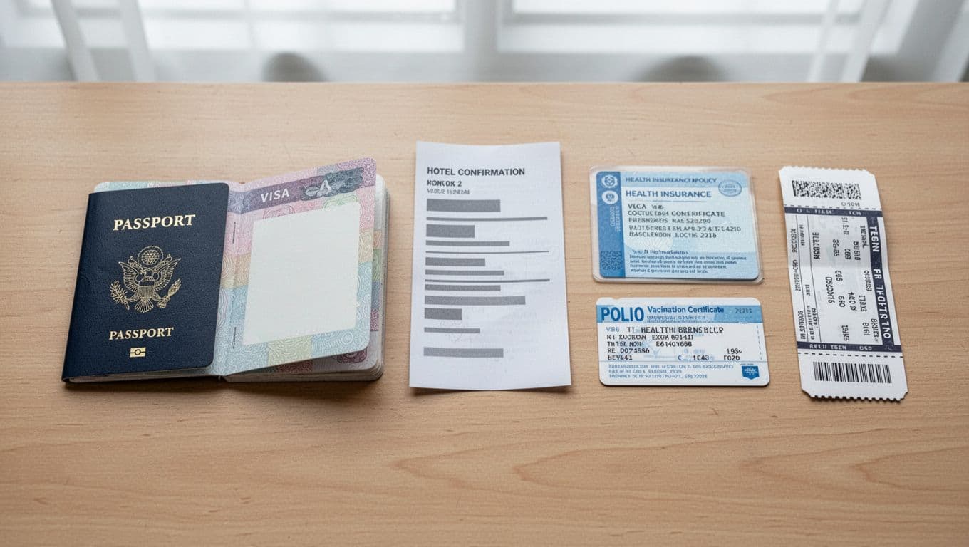 Landscape orientation close-up of essential travel documents neatly arranged on a light wooden table under soft natural light, including an open passport, hotel confirmation, polio vaccination certificate, health insurance policy, and folded flight ticket.