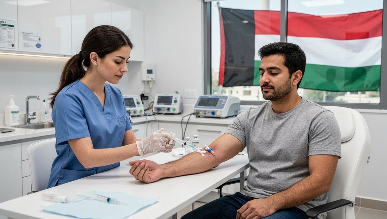 In a clean, modern UAE clinic exam room, a female nurse in scrubs draws blood from the arm of a seated, relaxed male patient using a syringe and vial, with medical equipment in the background.