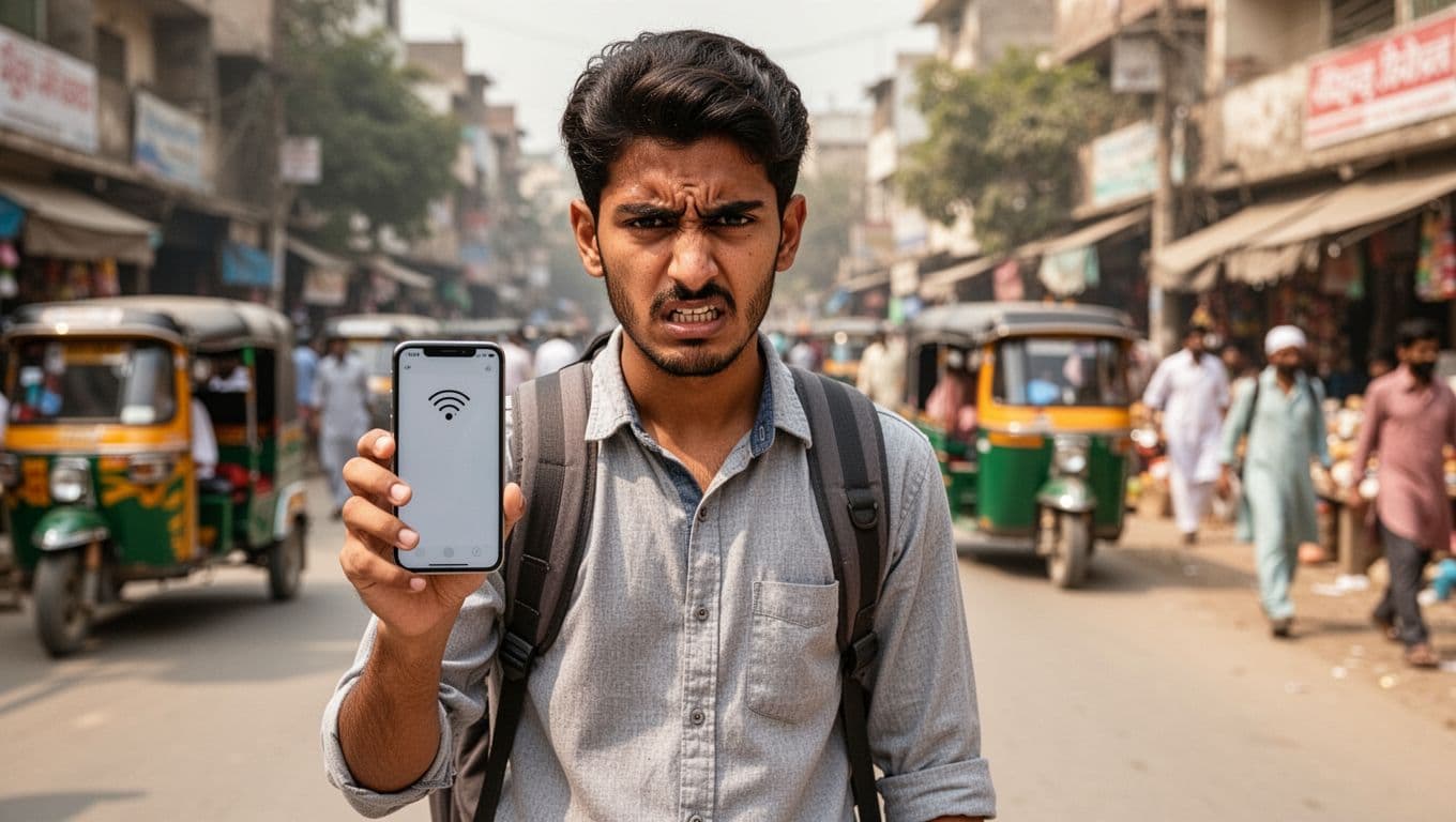 Photorealistic image of a young Pakistani male student in his early 20s, wearing a backpack and casual shirt, standing on a busy urban street in Lahore, Pakistan during daytime, holding an iPhone showing zero cellular signal bars and no WiFi, with a frustrated expression.
