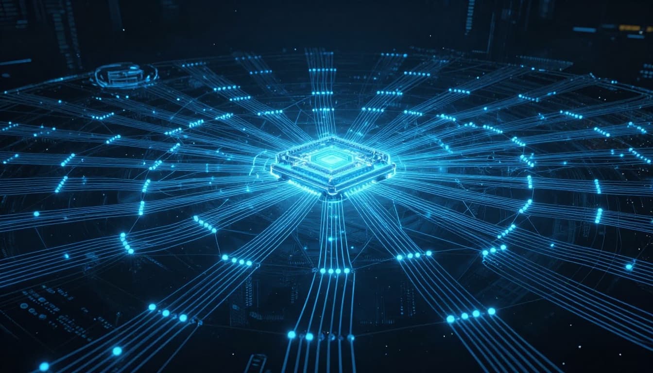 Landscape view of a futuristic AI neural network with glowing blue nodes connected by lines in a dark digital space, representing long context windows and step-by-step reasoning.