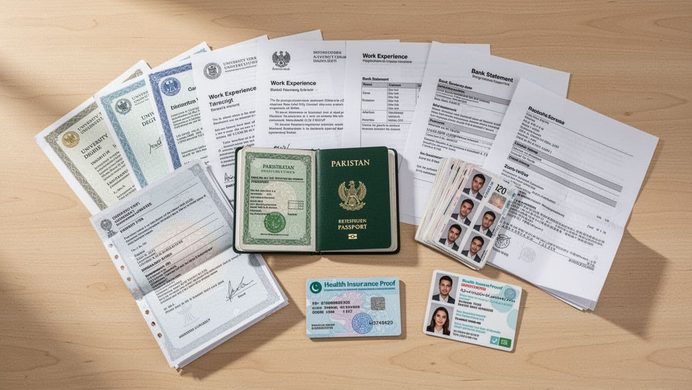 Top-down view of crisp, organized Germany work visa application documents on a light wooden table, featuring an open Pakistani passport, university degrees, transcripts, CV, work letters, bank statements, biometric photos, and health insurance proof.