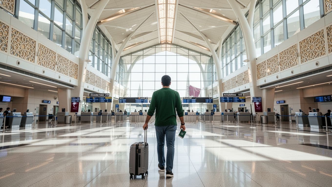 Modern arrivals hall at Hamad International Airport in Doha, Qatar, with a single Pakistani adult male traveler pulling a suitcase toward immigration counters, holding a passport.