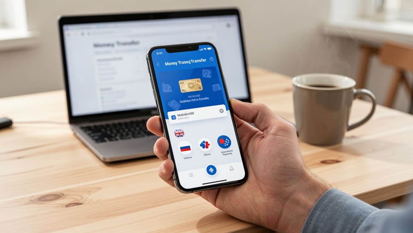 Close-up view of a person's hand holding a smartphone displaying a mobile wallet app interface for money transfer with international payments icons. Background shows a simple home office desk with laptop and coffee mug.