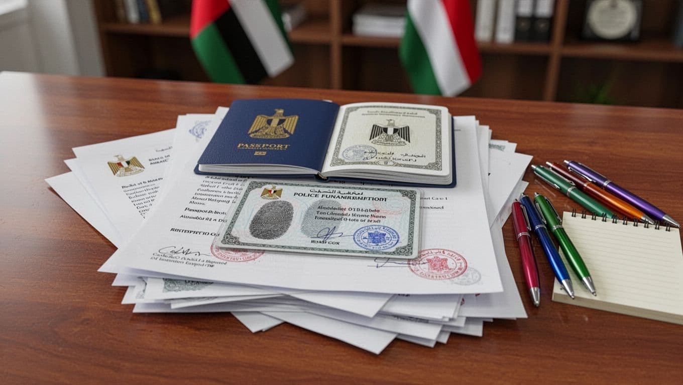 High-resolution realistic landscape photo of a stack of official immigration documents on a polished wooden desk, including an open passport on top, fingerprint police card, embassy attestation papers with stamps and seals, pens, notepad, and blurred UAE flag in the background.