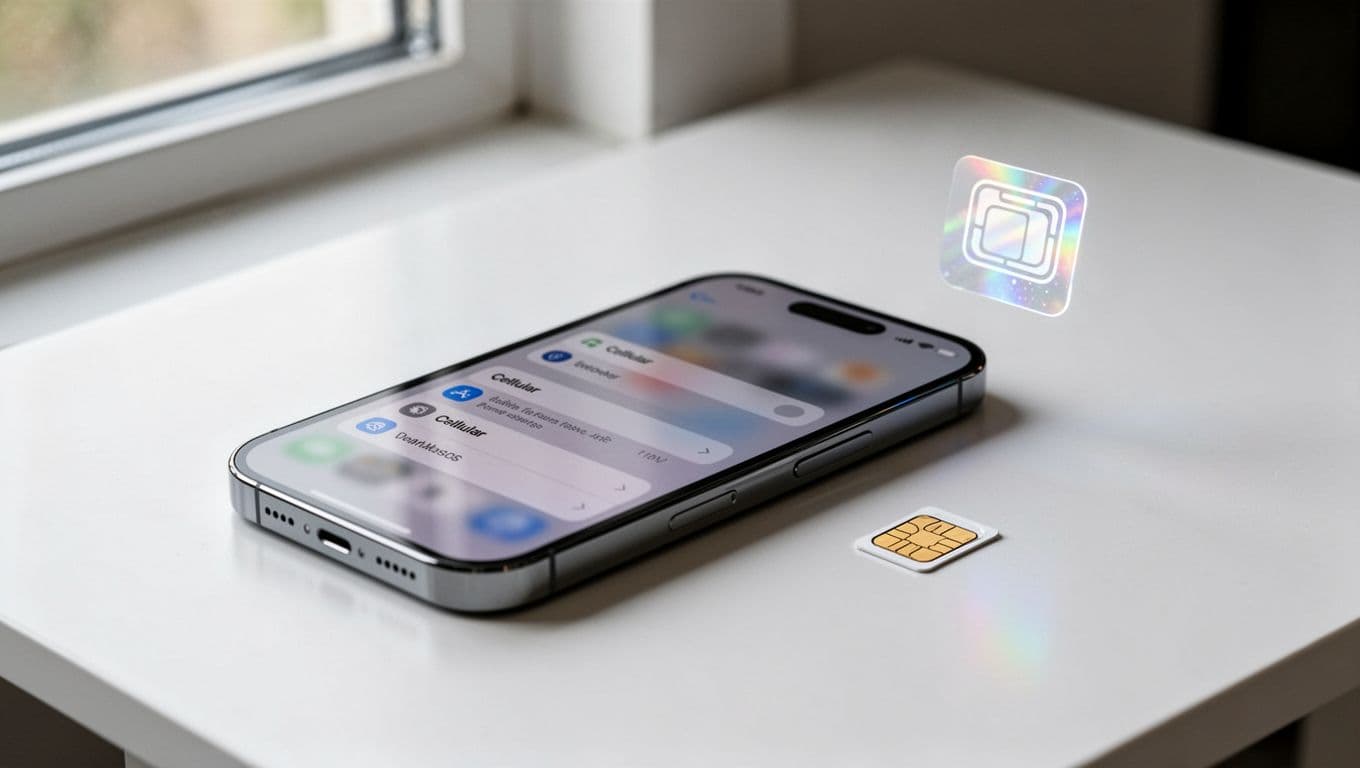 Sleek iPhone 16 Pro in landscape on white desk next to nano-SIM card and holographic eSIM icon, screen showing blurred Cellular settings under soft natural light.