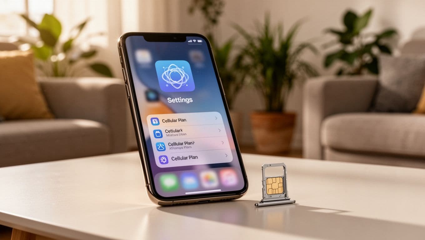 Photorealistic iPhone XS or newer held at a slight angle in a bright living room, screen showing abstract Settings icon and blurred Cellular plan options with soft glow, SIM tray partially open on table. Serene atmosphere with houseplants in background, high detail focus on device.