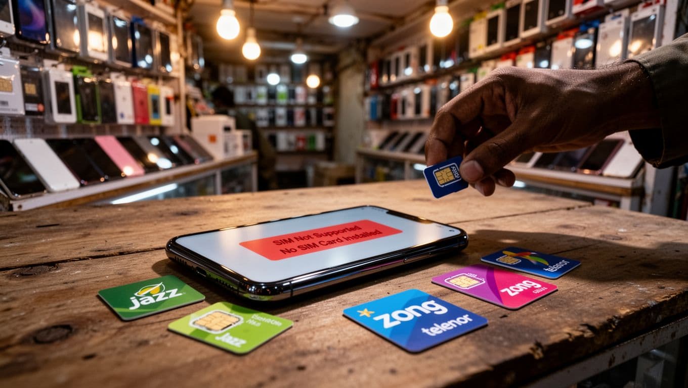 A photorealistic landscape image of a modern iPhone on a wooden table in a Pakistani mobile market stall, displaying a 'SIM Not Supported' error on screen. Scattered nearby are colorful SIM cards from Jazz, Zong, and Telenor, with blurred shelves of phones and accessories in the background under warm lighting, and a shadow of a reaching hand.