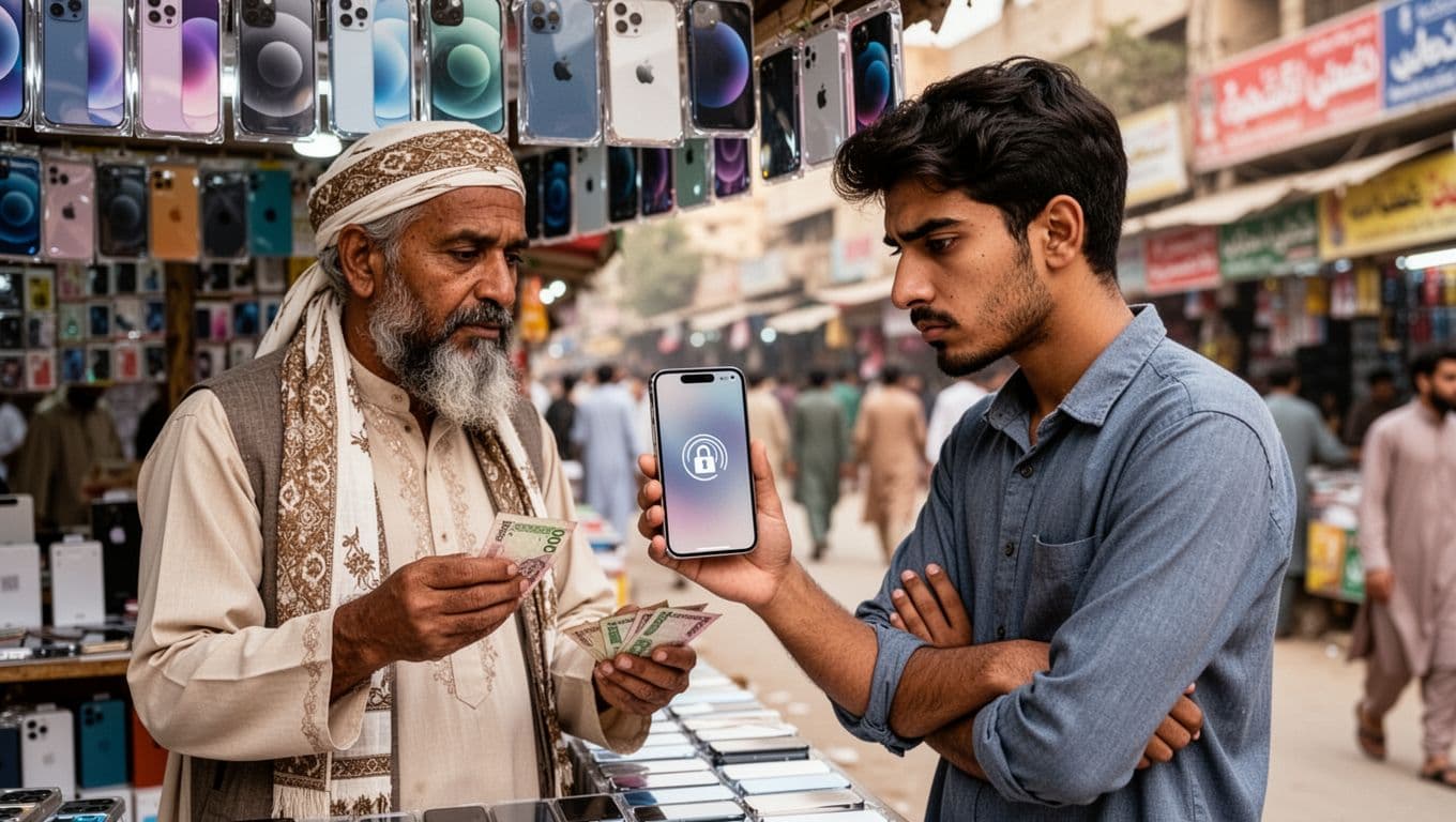 Photorealistic scene in a bustling outdoor mobile phone market in Saddar, Karachi, Pakistan, featuring a middle-aged seller in traditional attire showing a shiny iPhone 15 with a subtle carrier lock icon to a skeptical young male buyer with arms crossed, while holding Pakistani rupee notes.