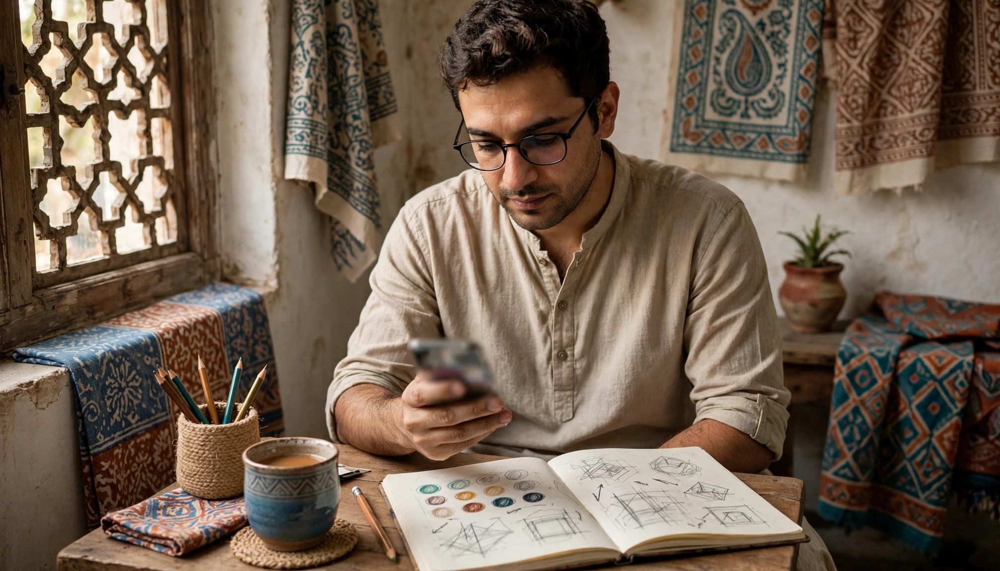 A Pakistani freelancer checks a phone beside a notebook in a bright home workspace.