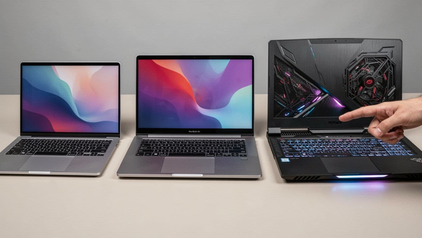 Close-up of four laptops side by side on a neutral table: slim budget, mid-range office, premium thin-bezel, and gaming model with vents and lights, screens off or abstract, hand pointing to gaming laptop. Photorealistic product photography with sharp focus on details and soft shadows.