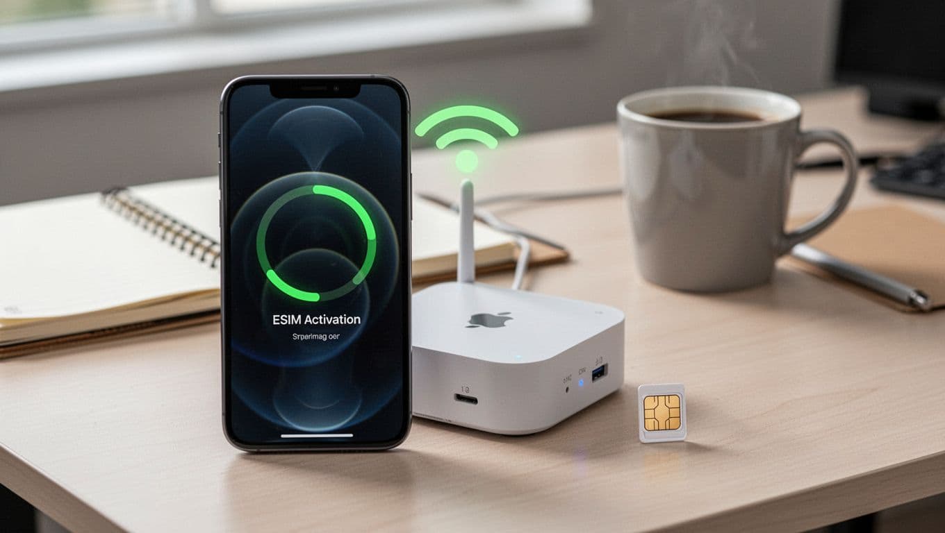 A modern iPhone rests on a Wi-Fi router displaying a green eSIM activation progress bar, with a physical SIM card nearby on an office desk featuring a notebook and coffee mug in soft focus.