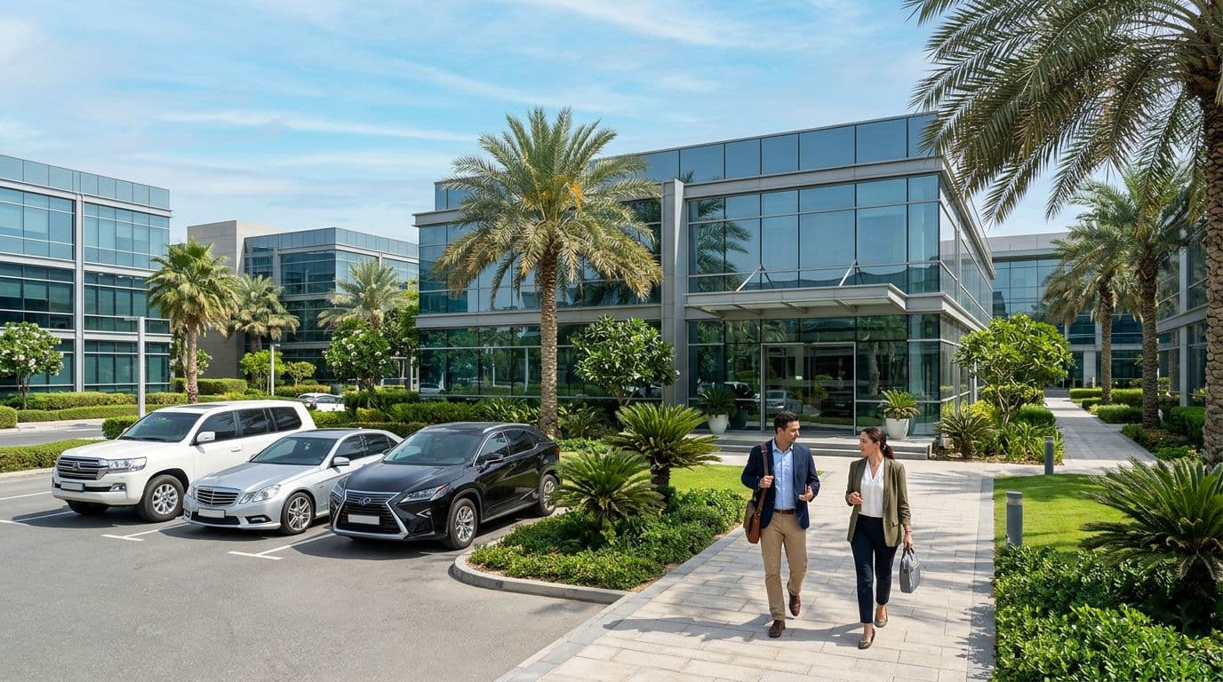 A cluster of contemporary low-rise office buildings with glass facades in a UAE free zone, surrounded by landscaped gardens and palm trees, with a parking area and exactly two professionals in business casual walking relaxed towards the main entrance under bright sunny midday light.