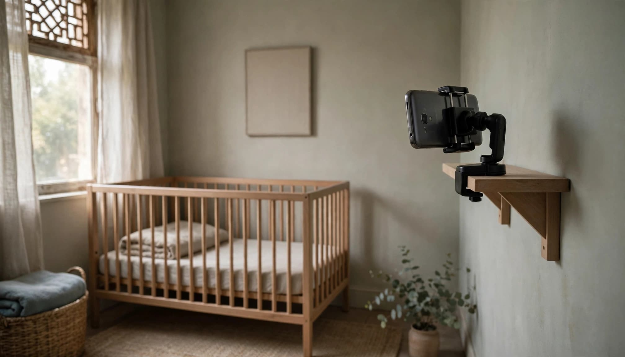 A mounted smartphone faces an empty crib in a softly lit nursery.