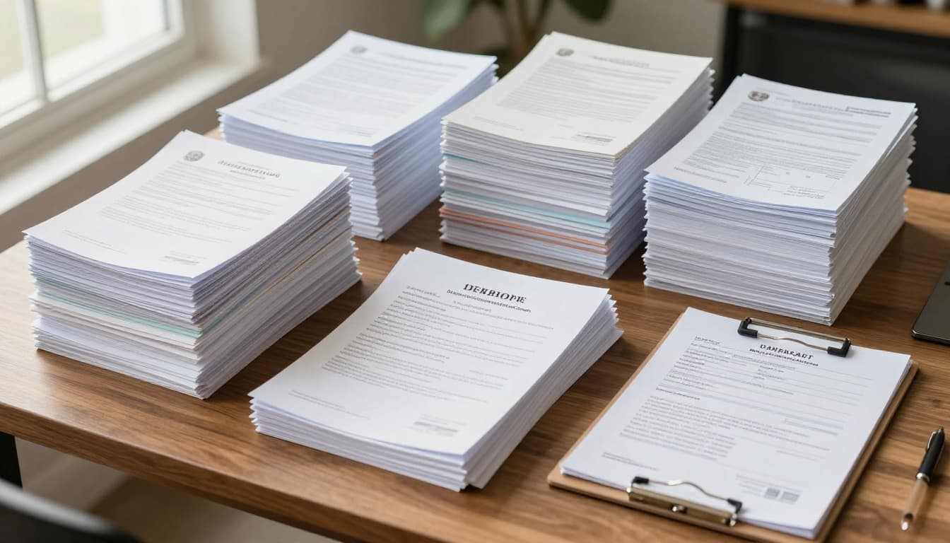 Organized stack of visa application documents including passport, degree certificates, bank statements, and forms neatly arranged on a wooden desk with a clipboard nearby, illuminated by natural daylight from a window in realistic photograph style.