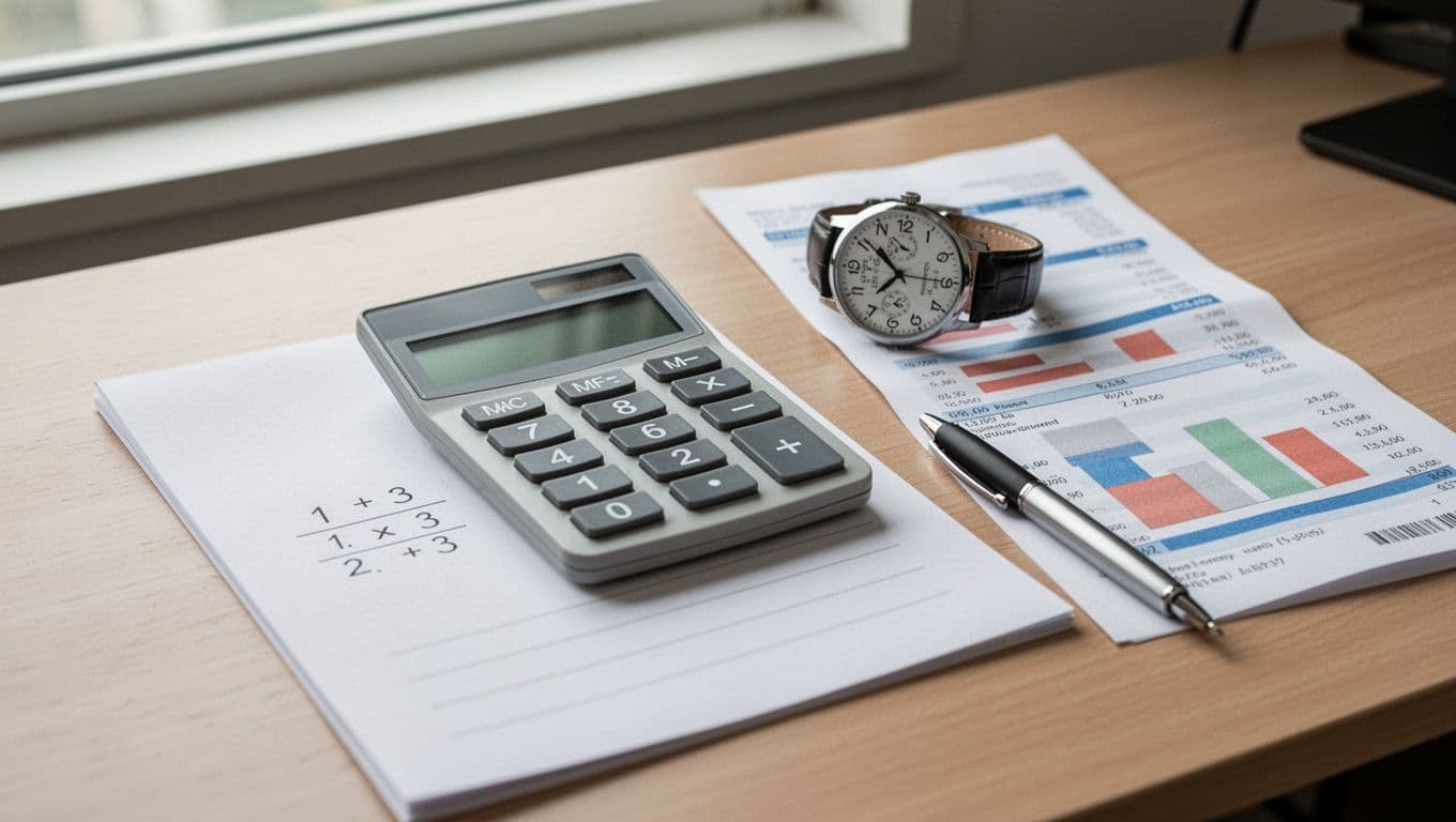 A minimalist clean office desk setup for calculating overtime pay includes a simple calculator on a notepad with faint math lines, a wristwatch showing late hours, a printed payslip with abstract colored bars, and a relaxed pen nearby. Soft natural daylight from a window illuminates the realistic high-detail scene from a top slightly angled view, creating a calm productive mood in landscape composition.