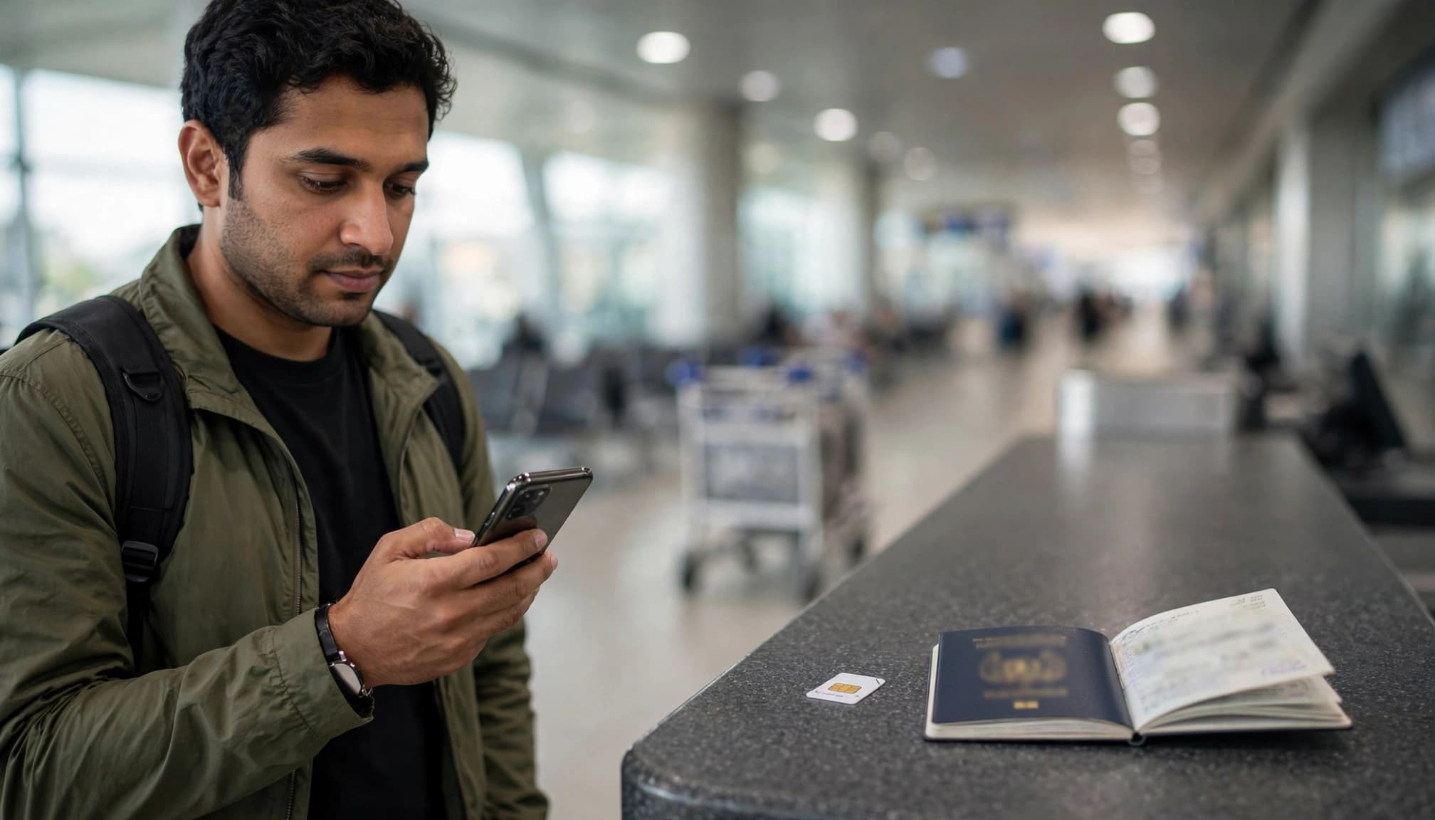 Traveler holds a smartphone beside a passport and SIM card at an airport arrival counter