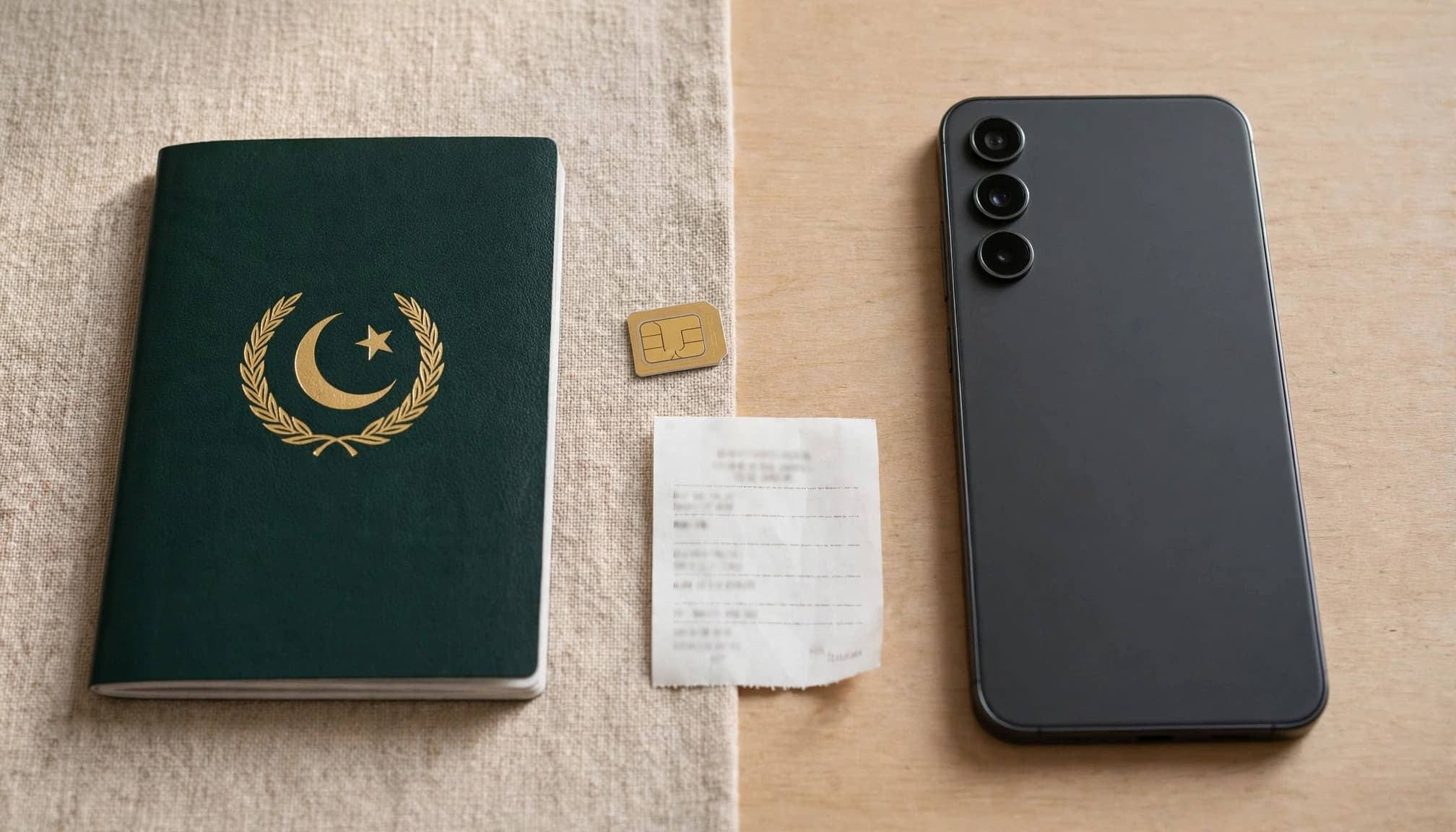 A smartphone beside a Pakistani passport, SIM card, and payment receipt on a table