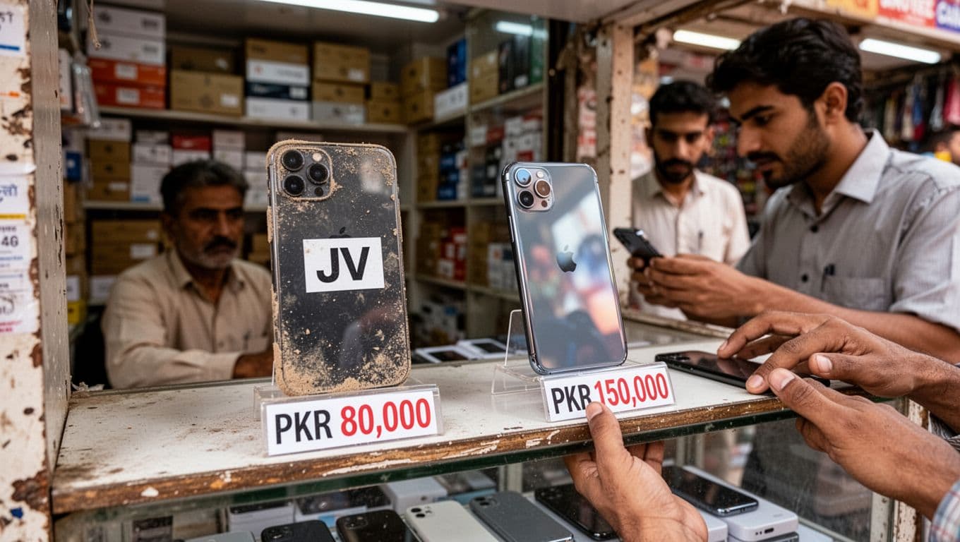 Photorealistic landscape of a mobile phone resale stall in a Pakistani bazaar like Hafeez Centre Lahore, showing one dusty iPhone with JV sticker priced PKR 80,000 next to a shiny factory unlocked iPhone at PKR 150,000. Idle stall owner behind counter in cluttered daytime indoor setting with no buyers near the JV phone.