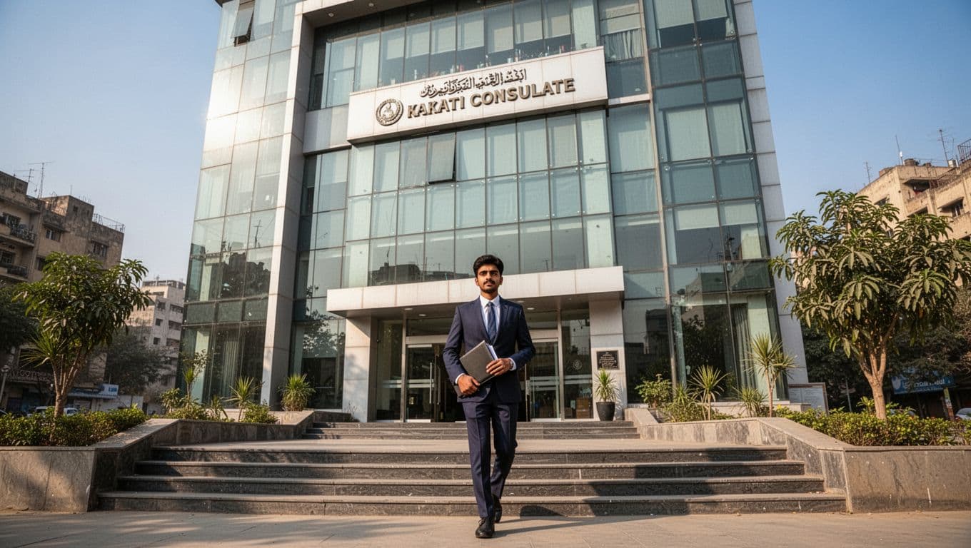 Daytime exterior view of a modern glass-fronted consulate in urban Karachi, with a single young Pakistani man in business attire carrying a slim black folder walking confidently up the steps to the entrance under a clear blue sky.