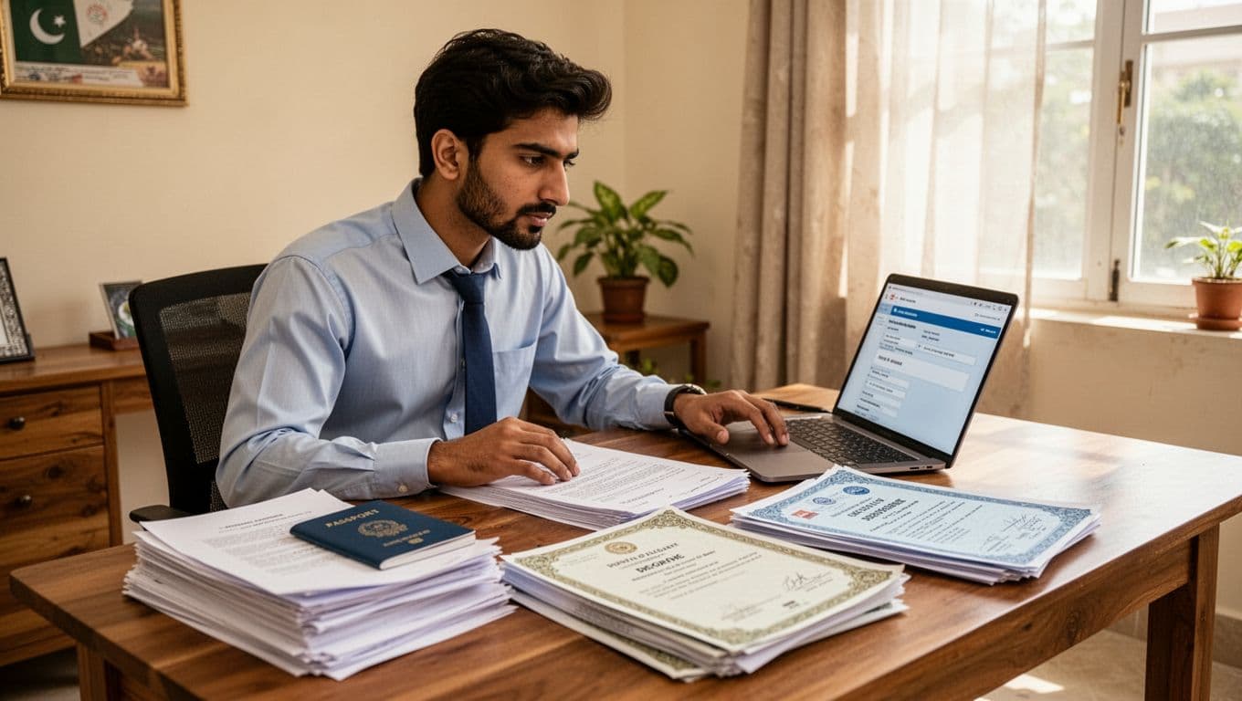 A young Pakistani man in business attire sits at a wooden desk in a bright home office, intently reviewing documents including a passport and degree certificates, with a laptop showing a visa application screen.