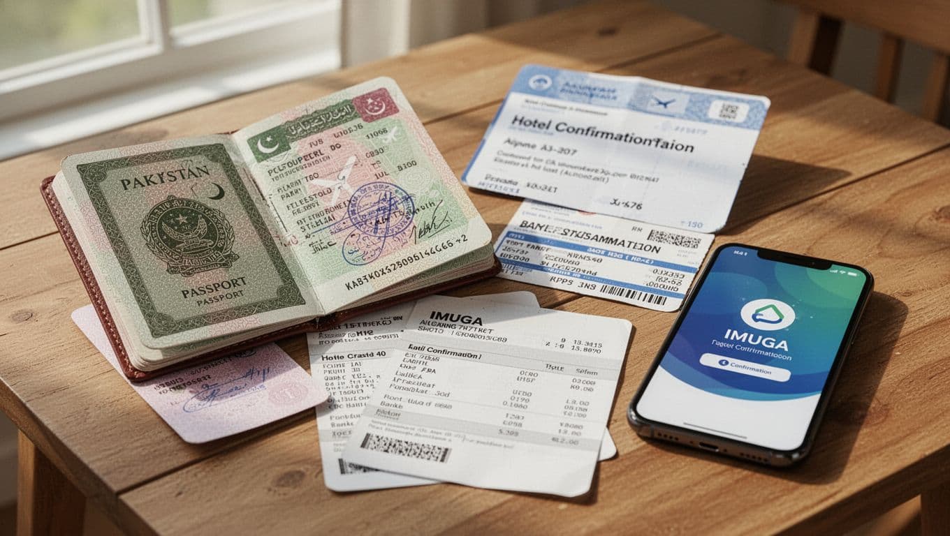 Close-up of essential travel documents on a wooden table in a sunny room, including an open Pakistani passport with visa stamp, printed airplane ticket, hotel confirmation, bank statement, and smartphone displaying IMUGA confirmation.