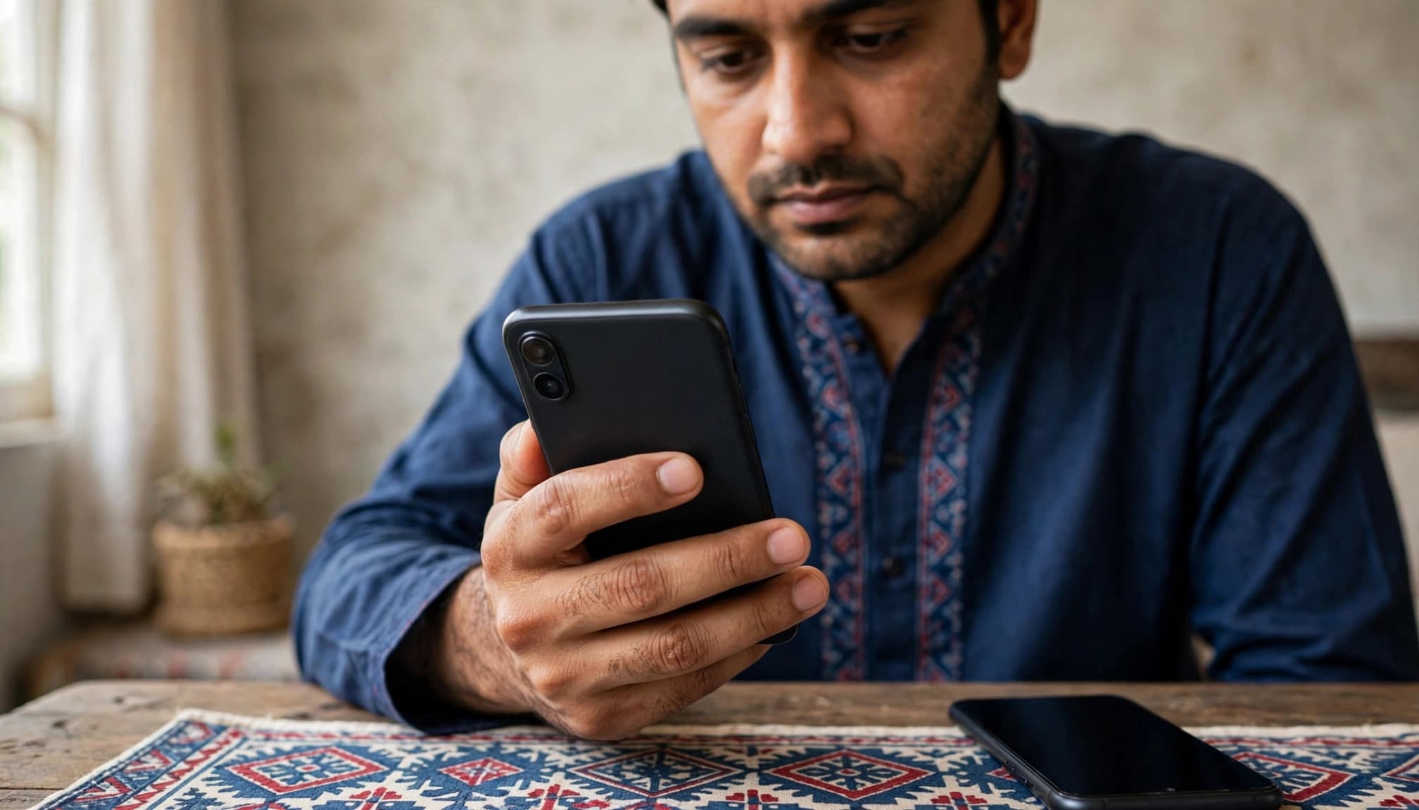 A person holds a phone beside another phone on a table in a quiet home.