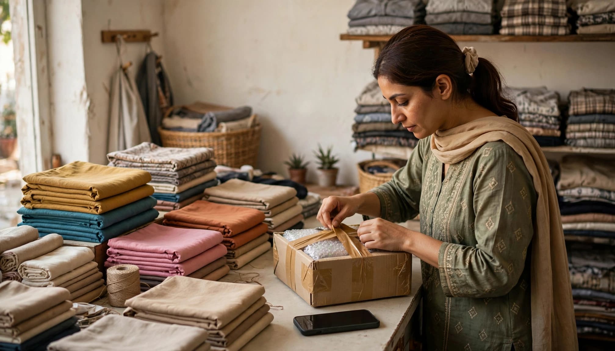 A clothing seller holds a phone beside a parcel and neatly folded fabrics.