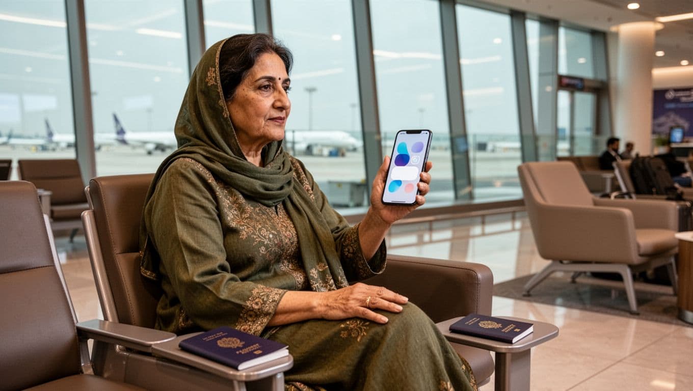 A middle-aged Pakistani woman sits comfortably in a modern Doha airport waiting lounge, holding a smartphone with its screen angled away and a passport beside her on the seat. The background shows floor-to-ceiling windows with tarmac views under soft ambient lighting.