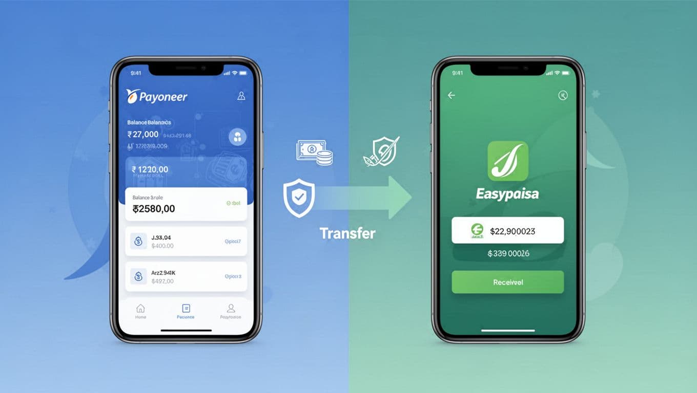 Split-scene minimalist illustration of two phones side-by-side: left showing Payoneer-like app balance, right displaying JazzCash or Easypaisa wallet receiving funds, with abstract secure transfer icons in blue-green flat design on gradient background.
