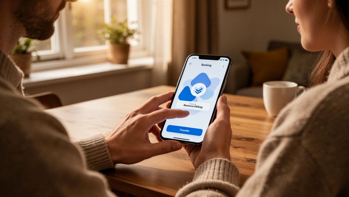 Person sitting relaxed at a desk in a cozy room with window light, using a phone banking app to transfer funds, screen showing abstract confirmation. Photorealistic style with soft warm lighting and focused secure mood.
