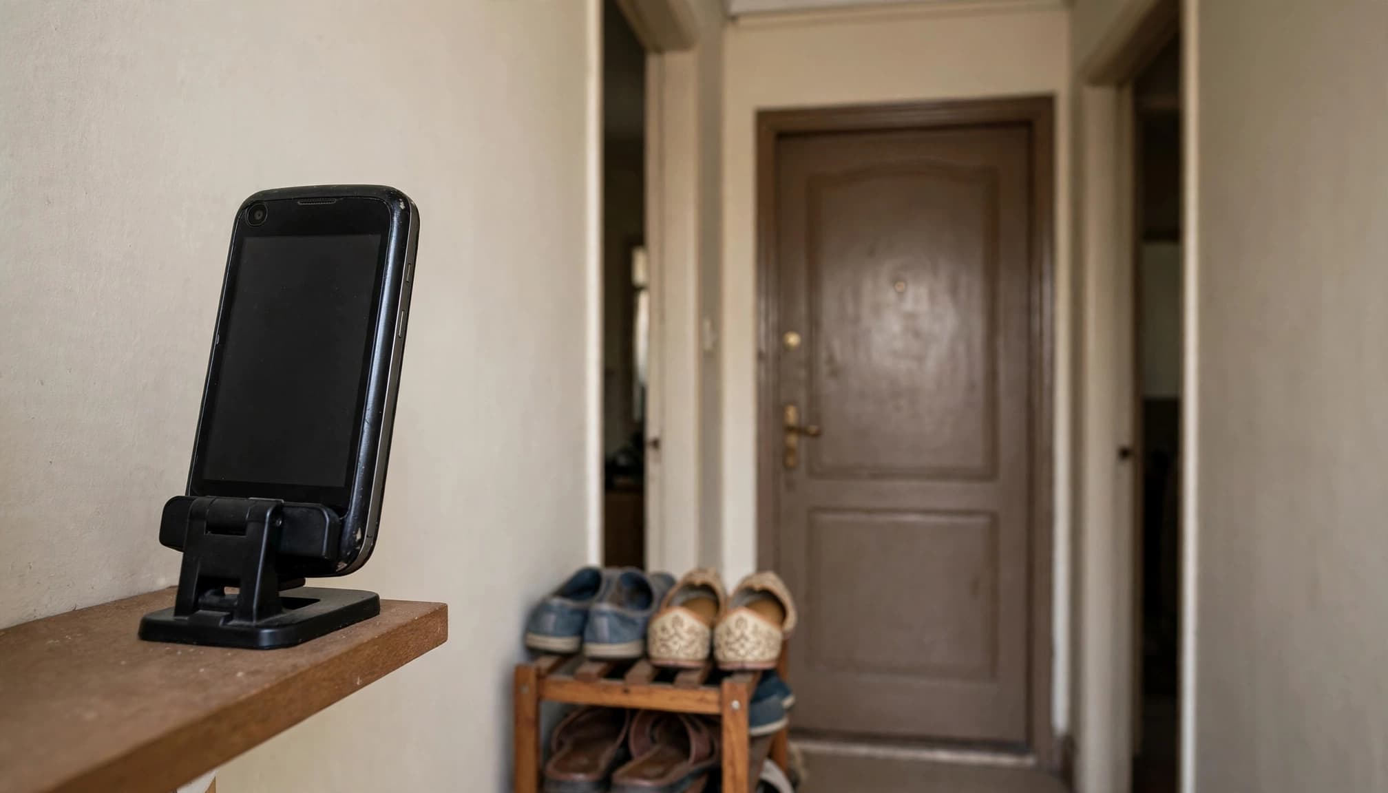 An old phone on a shelf points toward a closed entry door and shoe rack.