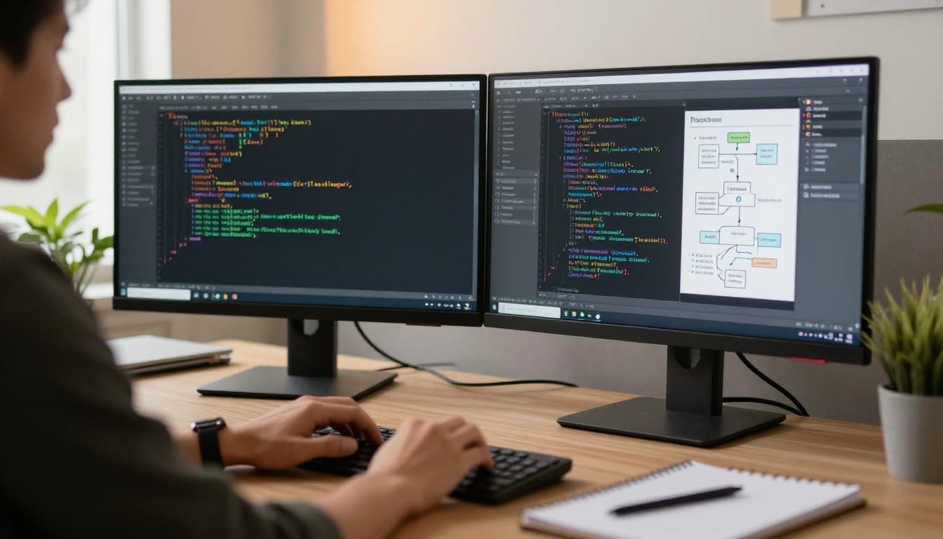 A professional developer sits at a desk with dual monitors showing blurred code and debugging, a notepad with thought process flowchart beside the laptop, in a modern office with plants and warm natural lighting, hands relaxed on keyboard.