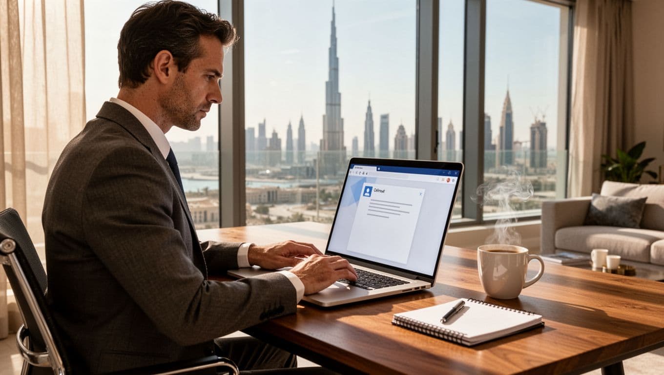 A mid-30s professional in business casual attire types on a silver laptop at a sleek desk in a sunlit modern apartment with Dubai skyline and Burj Khalifa visible through large windows.