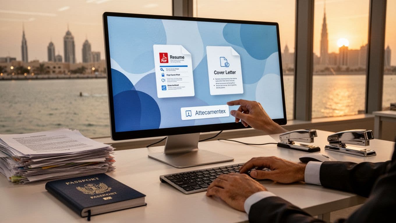 Tidy professional desk in UAE workspace with faint Sharjah waterfront background, computer displaying resume PDF and cover letter icons, hand hovering mouse over attachment button, evening golden hour lighting.