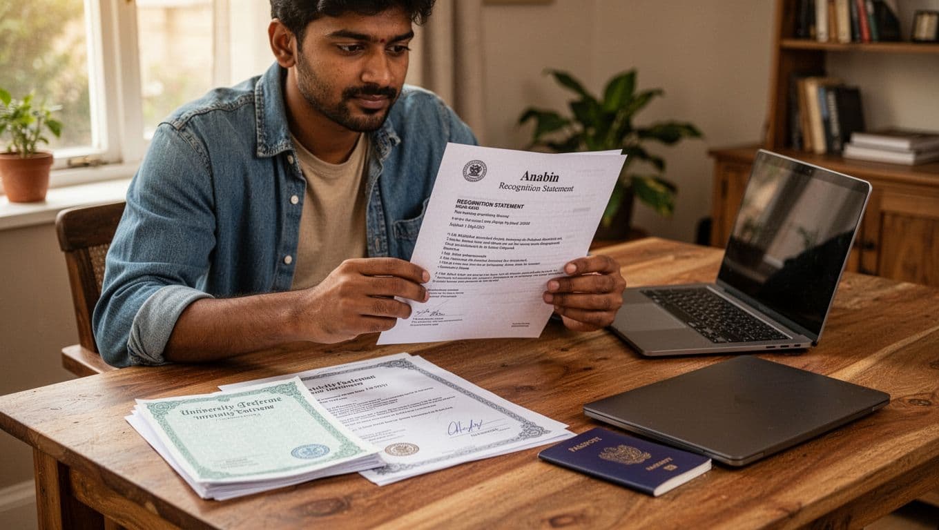 A South Asian job seeker in casual clothes sits relaxed at a wooden desk in a cozy home office with natural window light, holding and reviewing printed Anabin recognition statement and university degree, passport nearby, closed laptop as prop.