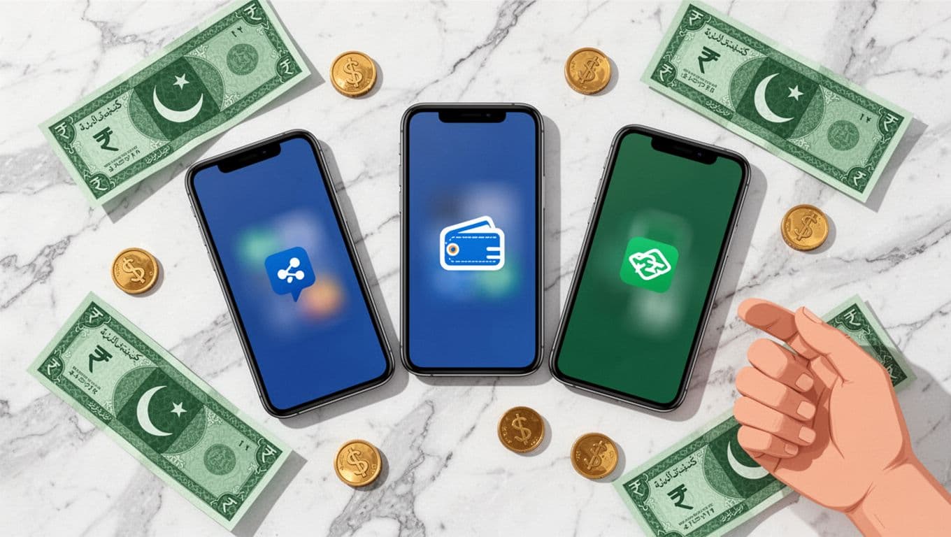 Vibrant flat design illustration of three smartphones arranged in a triangle on a marble surface, displaying blurred icons of payment apps, surrounded by symbolic Pakistani rupee banknotes and coins in green tones, with a relaxed hand in the corner.