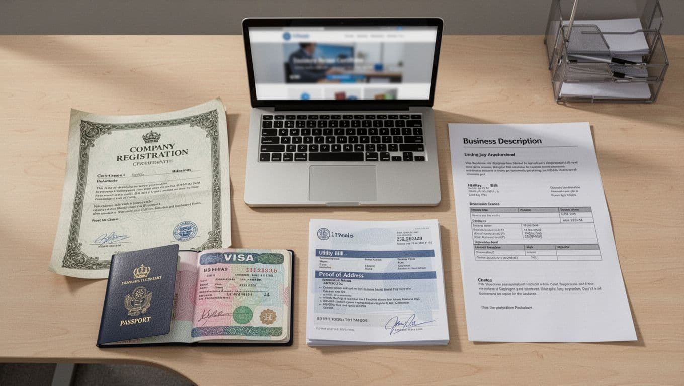 Photorealistic top-down view of neatly arranged business setup documents on a light wooden desk, including curled company registration certificate, opened passport to visa page, utility bill for proof of address, one-page business description printout, and laptop with blurred website homepage. Soft office lighting casts subtle shadows in a professional atmosphere with no people, readable text, or extra objects.