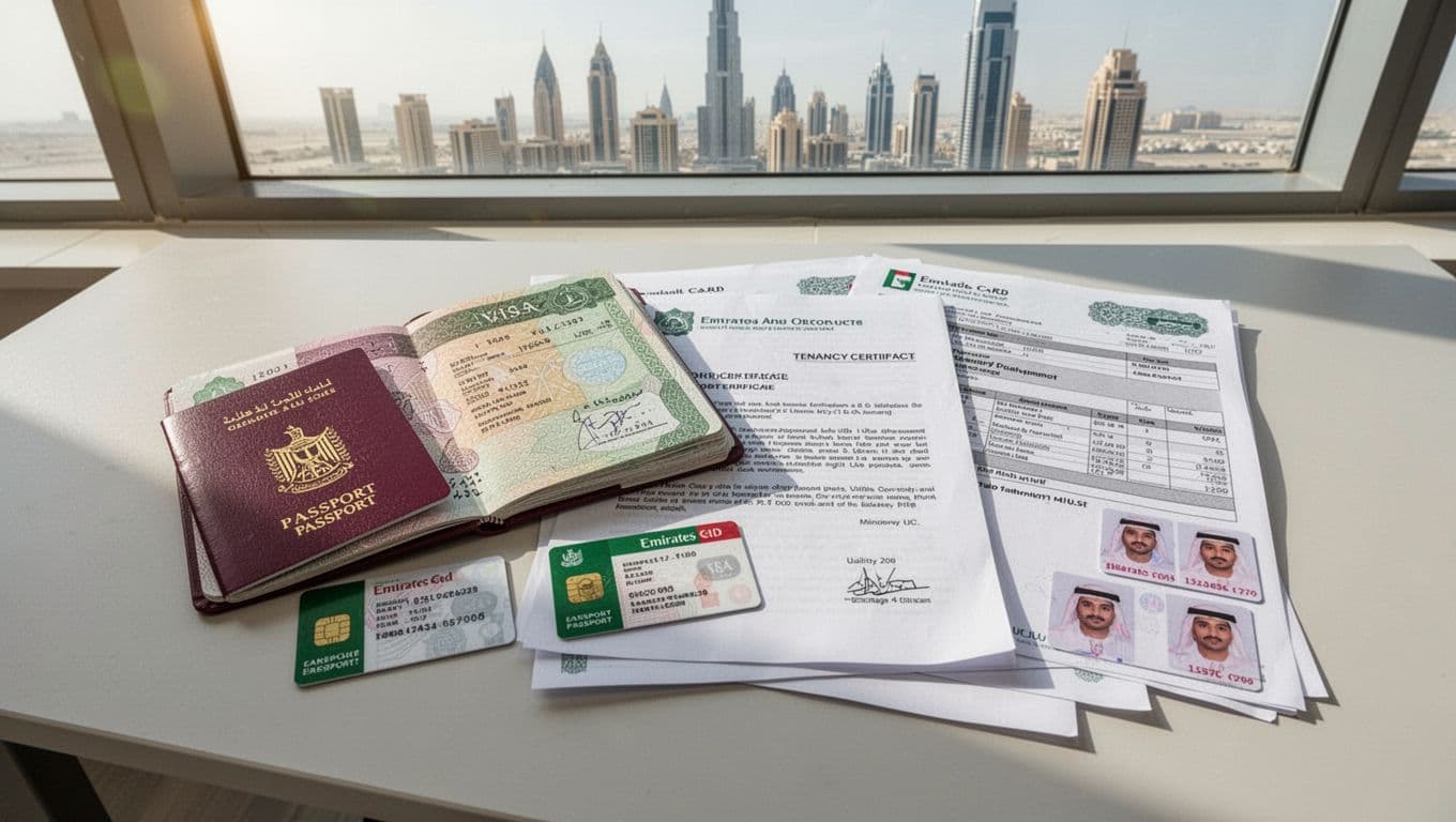 Organized stack of UAE bank account opening documents on a clean desk, including open passport to visa page, Emirates ID, salary certificate, tenancy contract, utility bill, and passport photos, with UAE city skyline through window in bright morning light.