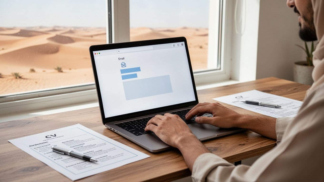 Photorealistic clean home office in UAE with subtle desert view, hands typing on laptop displaying email draft, printed CV and pen on desk, bright natural light, serene minimalist decor.