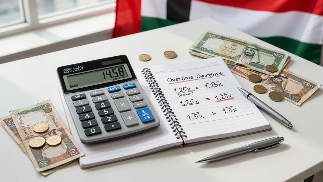 Top-down view of a clean professional UAE office desk showing a calculator with 14.58 per hour basic salary, notepad with overtime formulas like 1.25x and 1.5x, UAE dirham bills and coins, pen, in hyper-realistic style with blurred UAE flag.