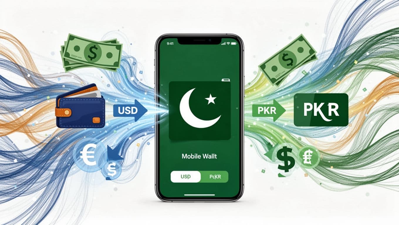 Illustration of money flowing from a digital wallet icon to a Pakistani mobile wallet app on a phone screen, featuring USD to PKR conversion arrows in a clean vector style with vibrant colors.