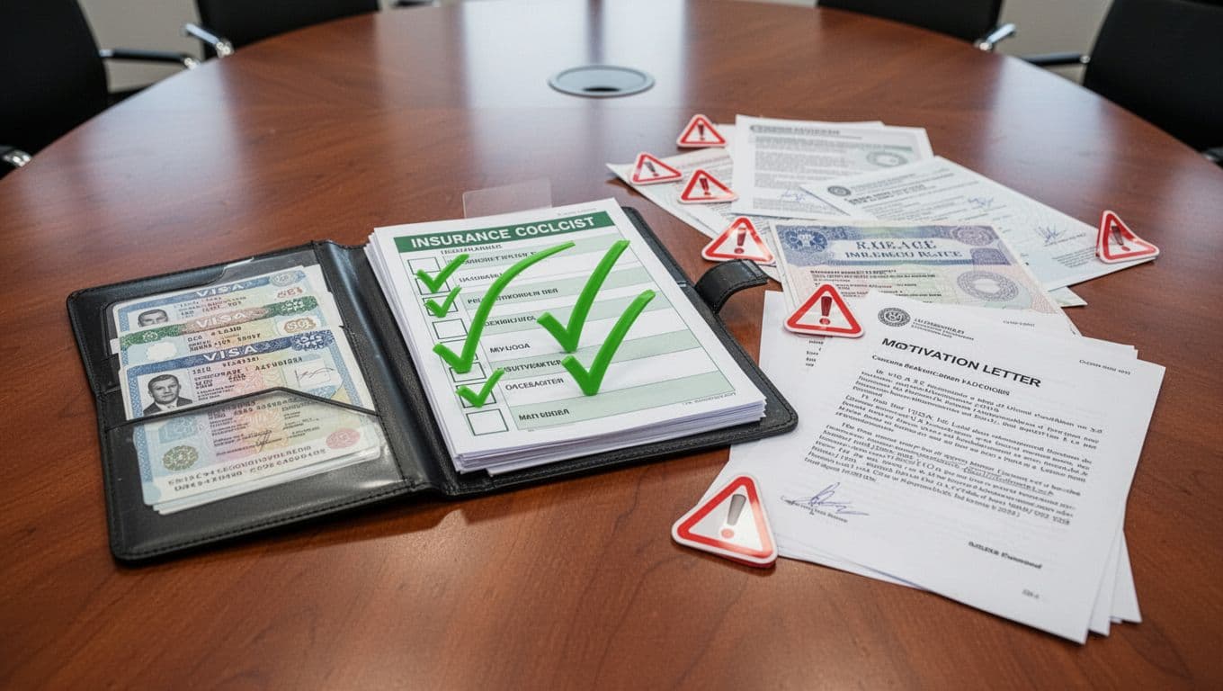 Organized visa folder implying green checkmarks next to red warning icons for missing items like insurance policy and motivation letter, with scattered papers on a conference table under soft overhead lighting, realistic photo, no people or text.