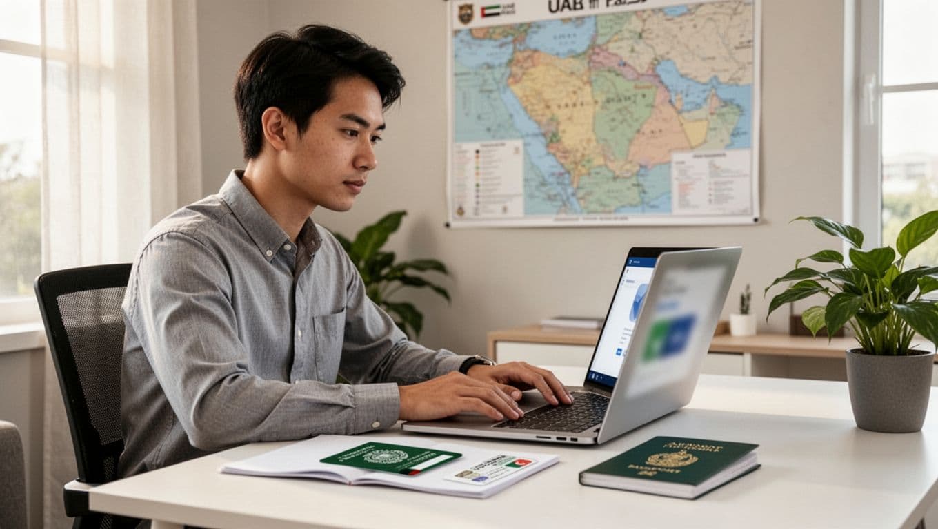 Realistic landscape photo of a focused young Asian man in business casual attire at a modern home office desk, using a silver laptop for UAE police clearance application via UAE Pass. Open passport and Emirates ID sit beside the laptop, with a UAE map poster on the wall, soft natural light, clean organized workspace.